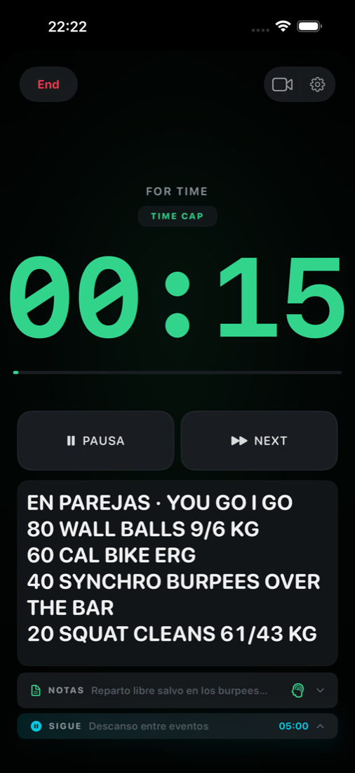 Prueba de parejas corriendo, con el workout y la barra UP NEXT